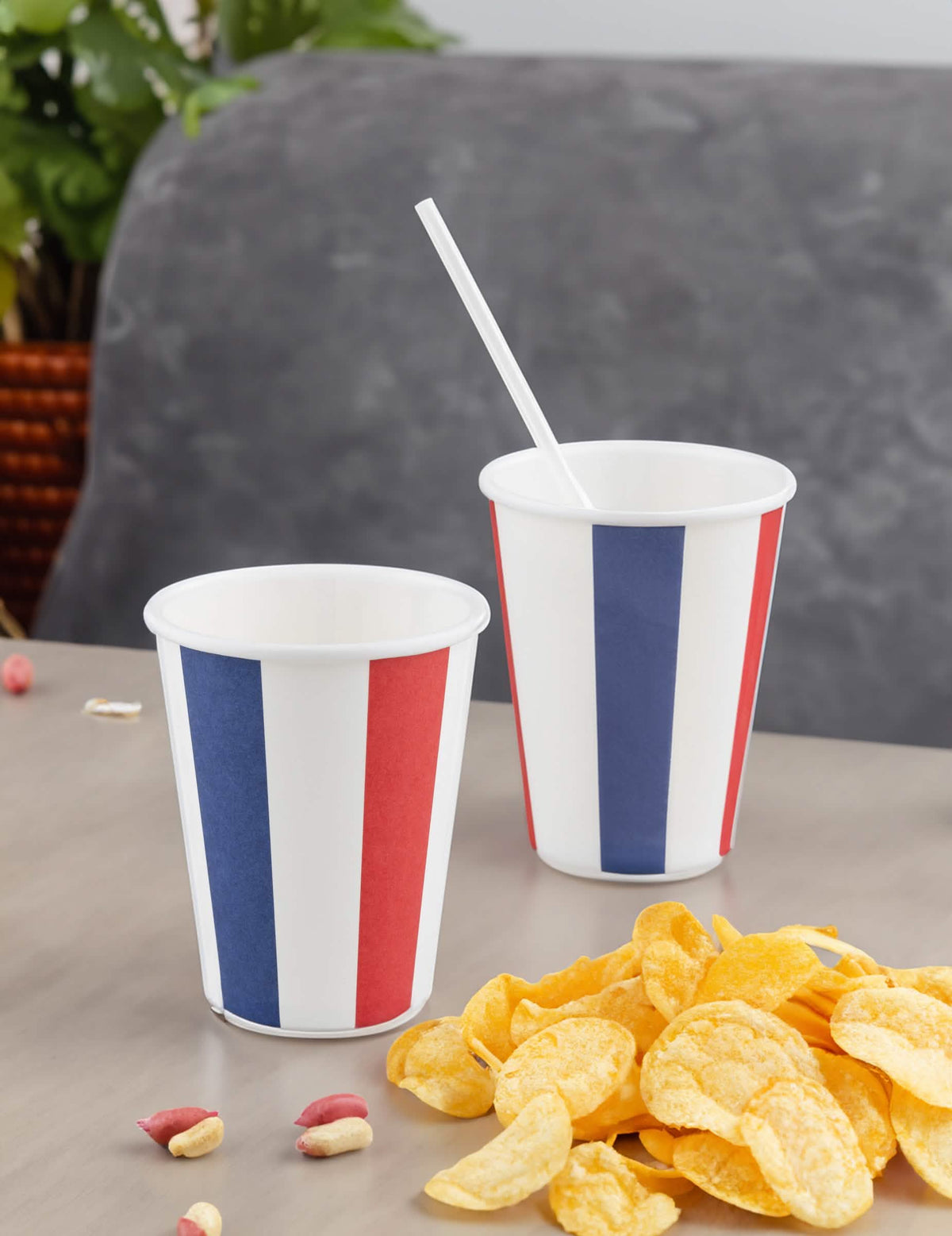 Mise en situation des gobelets tricolores bleu blanc rouge