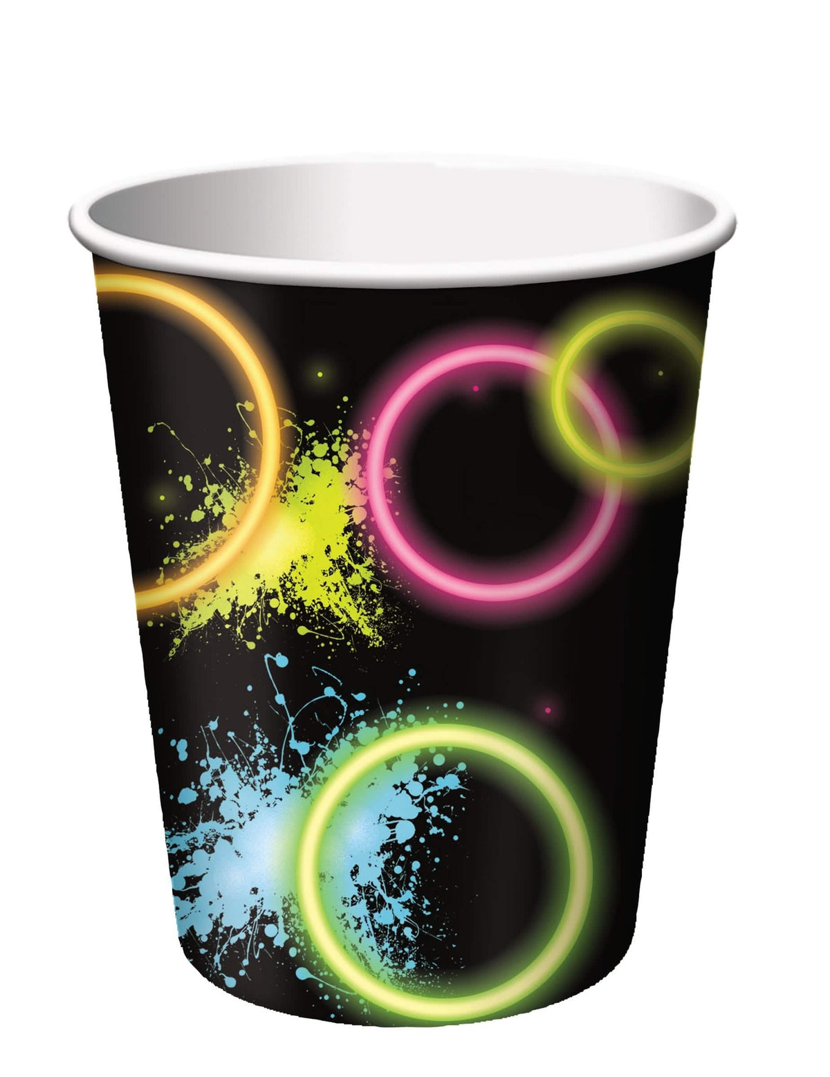 Vasos de cartón Glow Party para fiesta negro con motivos de neón coloridos
