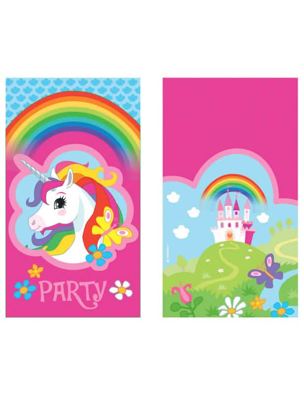 Invitaciones y sobres unicornio arcoíris para niño rosa