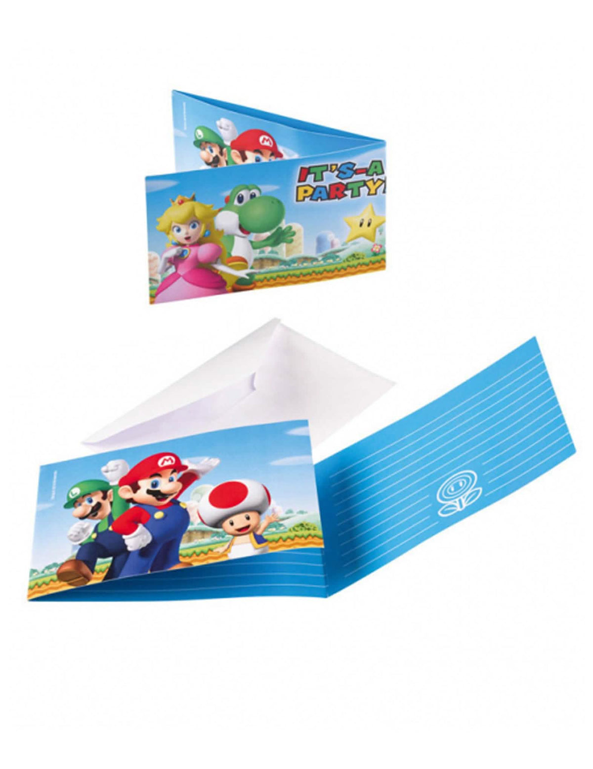 Invitaciones y sobres Super Mario para niño azules con personajes y sobres blancos