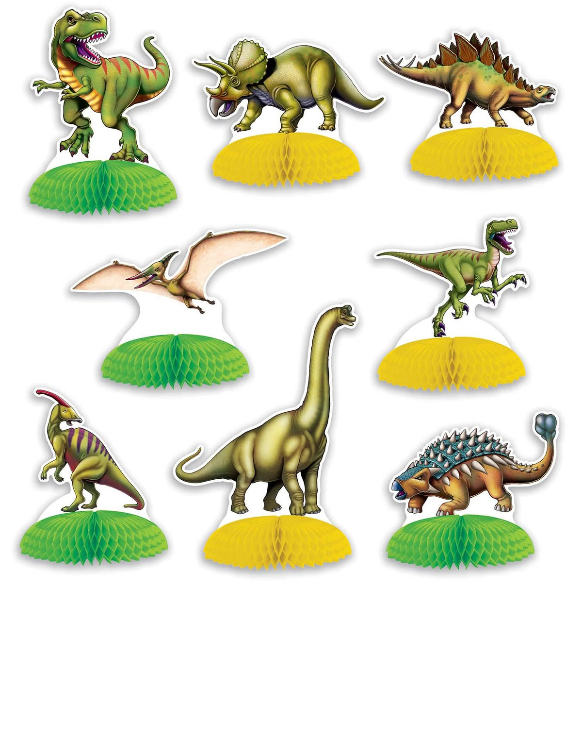 8 mini centros de mesa Dinosaurios para niño verdes y amarillos