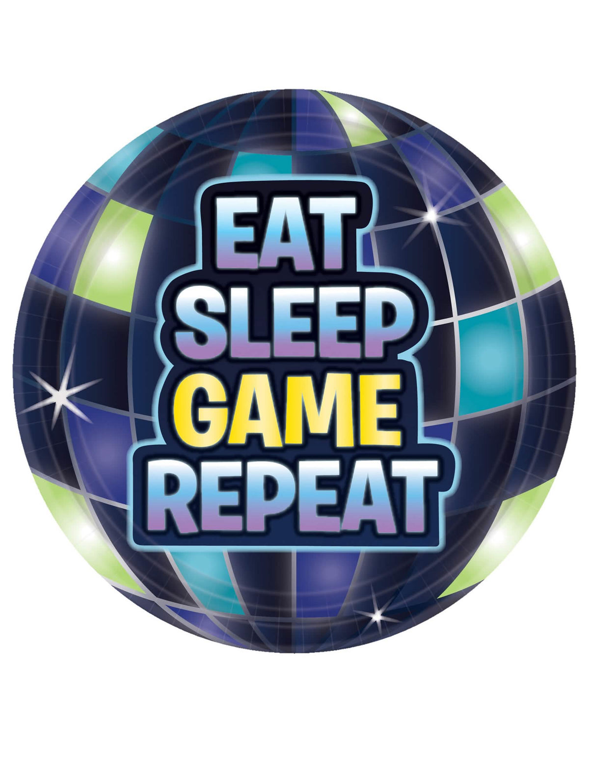 Pequeños platos de cartón Battle royale azules y verdes con mensaje Eat Sleep Game Repeat