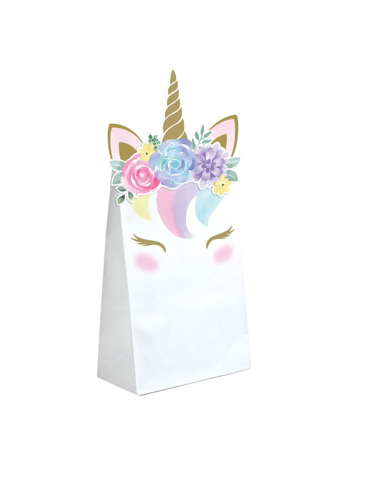 bolsas de regalo de papel de unicornio mágico para niño blancas con flores y cuerno dorado