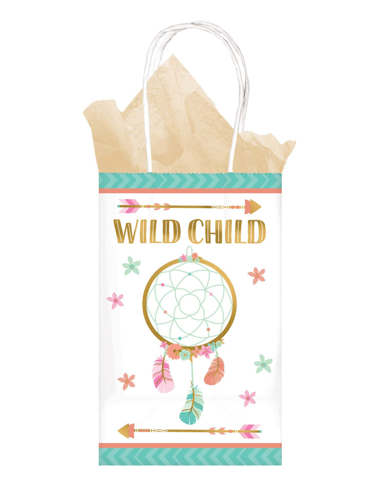 Bolsa de fiesta de papel boho atrapasueños para niño blanco con detalles dorados