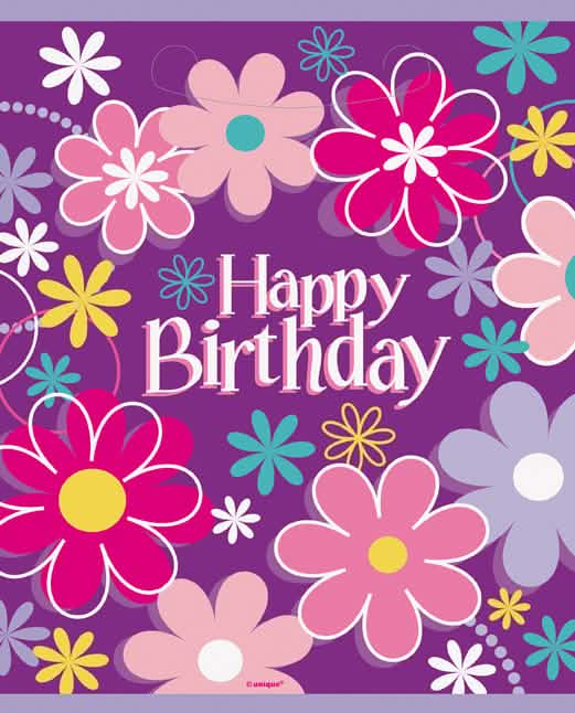 Bolsas de fiesta Happy Birthday flores para regalos violeta con motivos florales multicolores