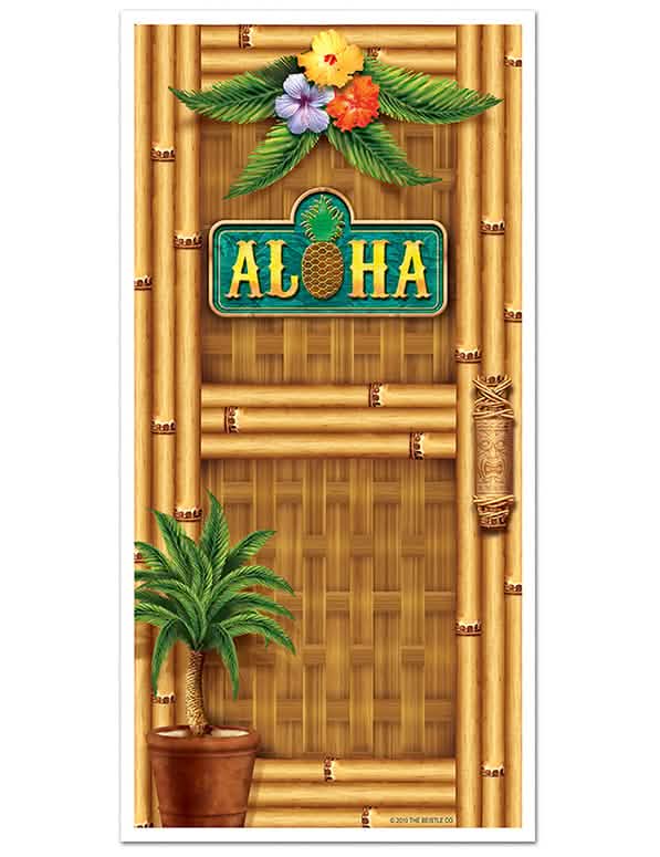 Decoración de puerta hawaí para fiesta con motivo de bambú, flores exóticas e inscripción Aloha
