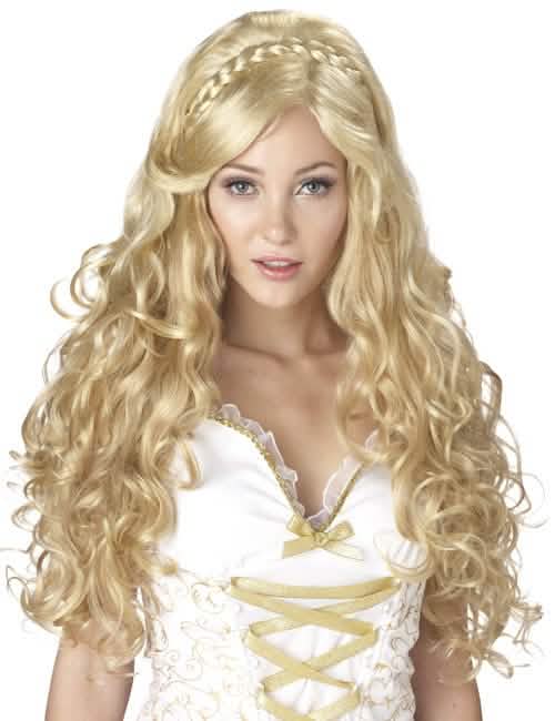 Peluca rizada diosa para mujer rubia con trenza