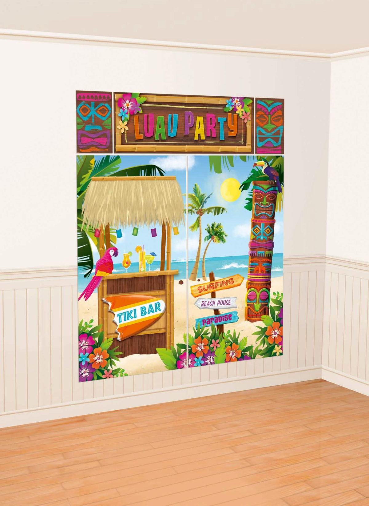 Fondo hawaí para fiesta kit de 5 pósters con tiki bar y tótem multicolor