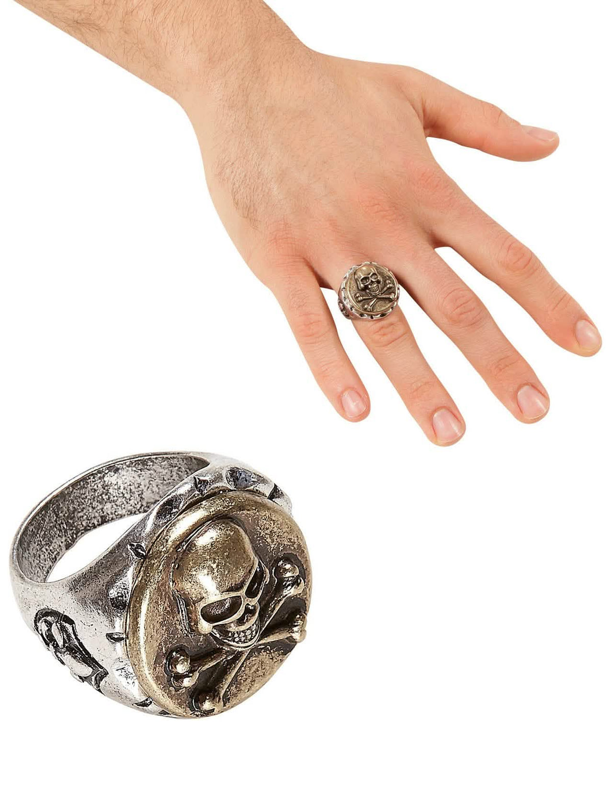Anillo de capitán pirata para adulto plateado y dorado con calavera