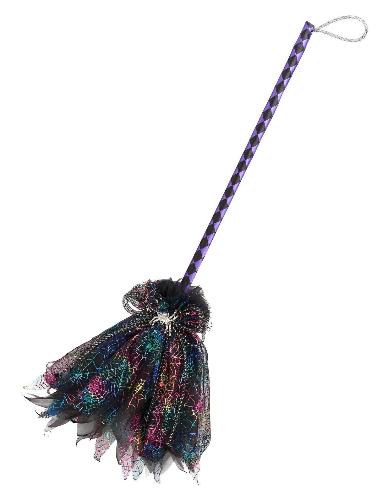 Escoba de bruja metalizada para adulto violeta y negro con tul multicolor y araña