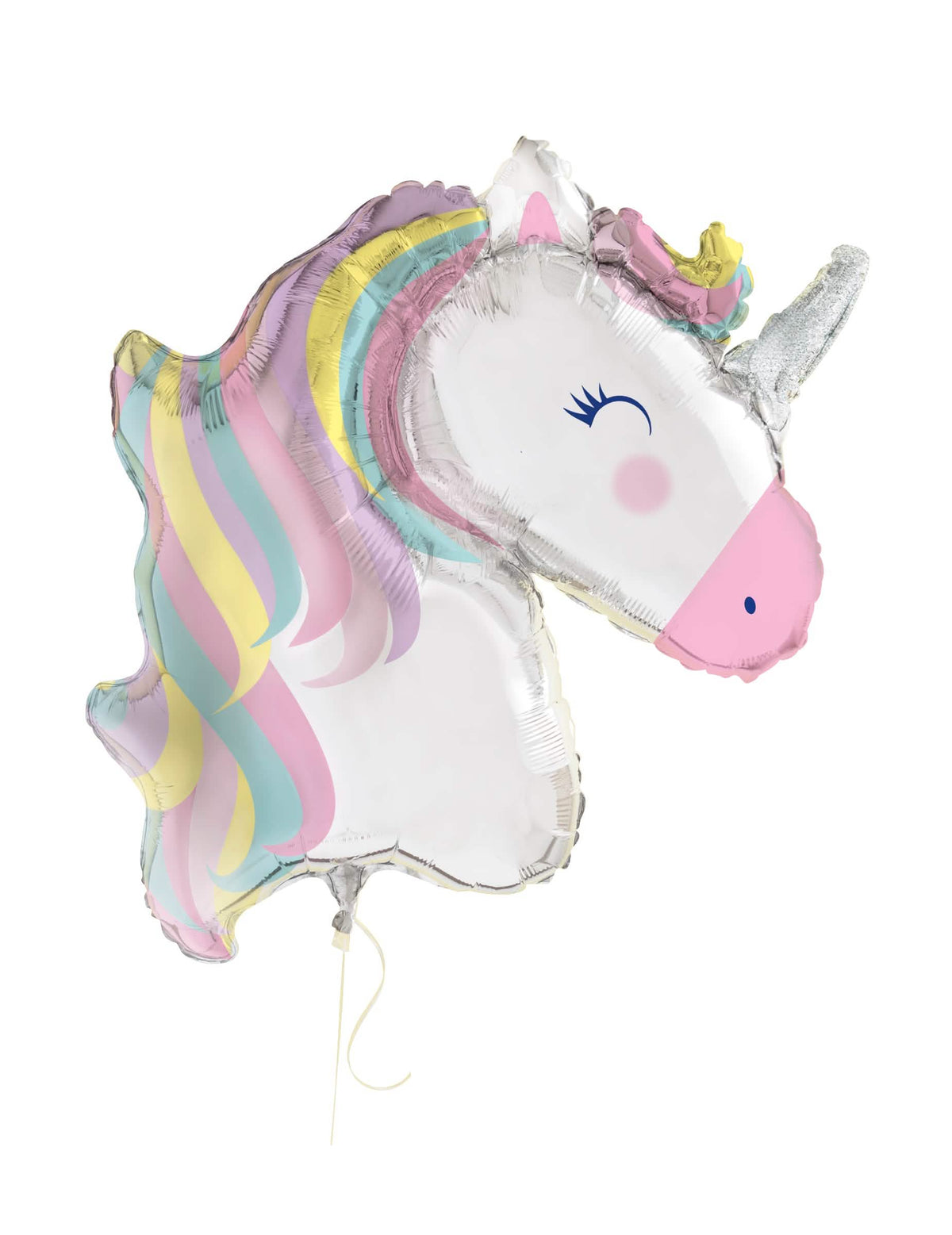 Globo gigante de aluminio unicornio mágico para niño blanco con reflejos irisados y melena pastel