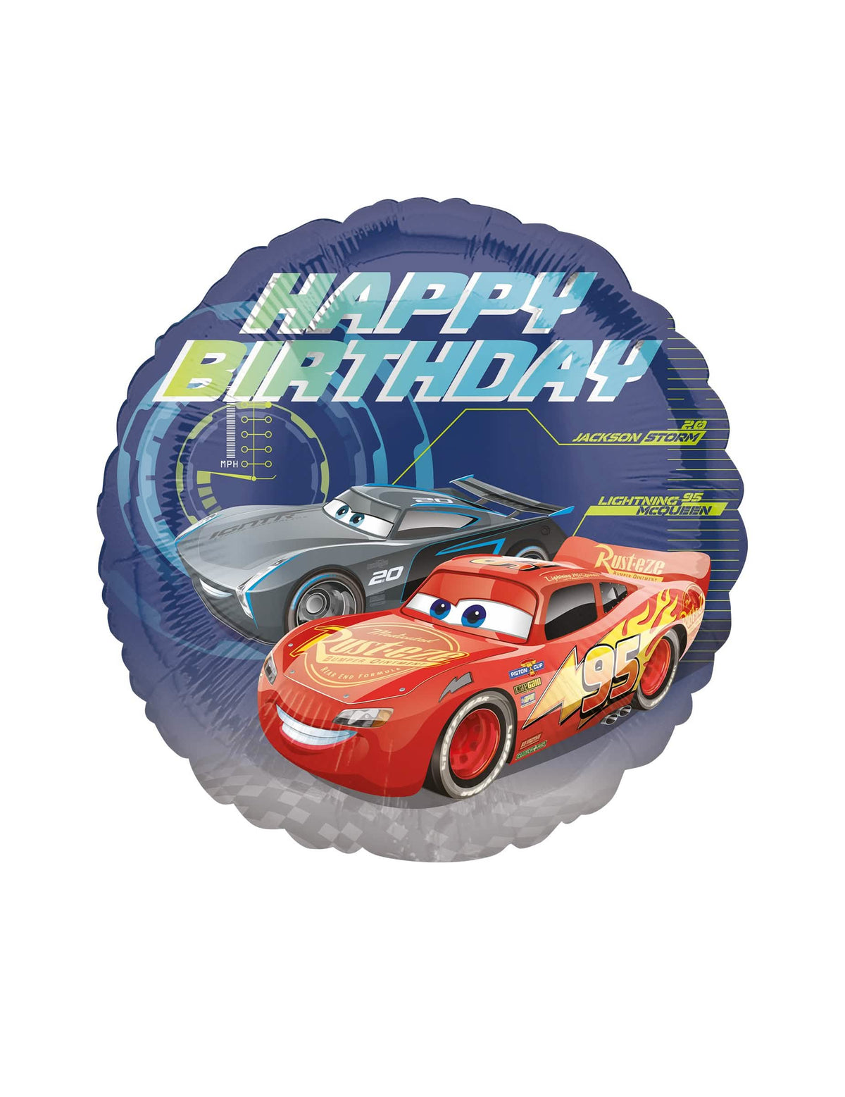 Globo de aluminio Happy Birthday Cars 3 para niño azul con Flash McQueen y Jackson Storm