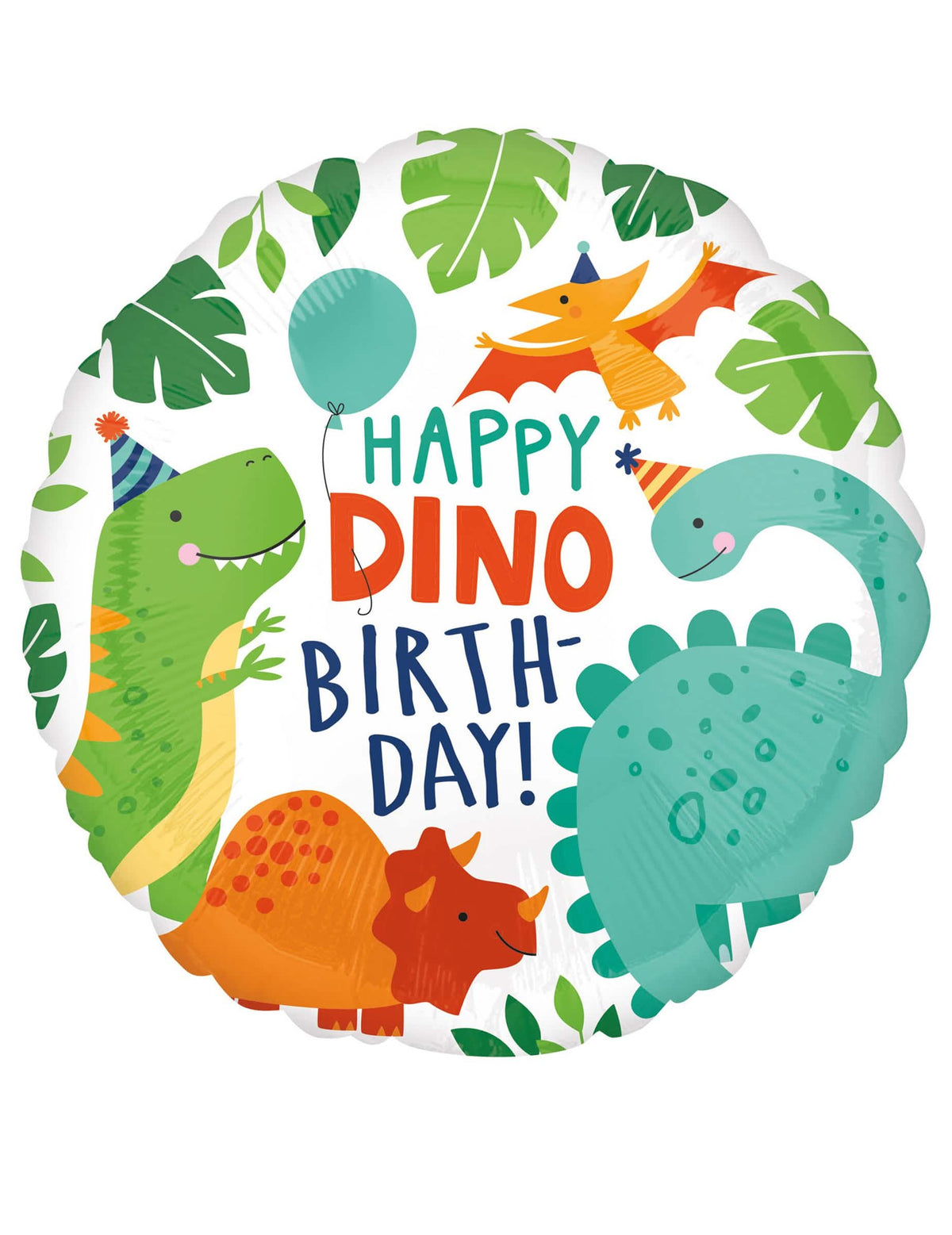 Globo de aluminio feliz cumpleaños dinosaurio para niño blanco y multicolor redondo