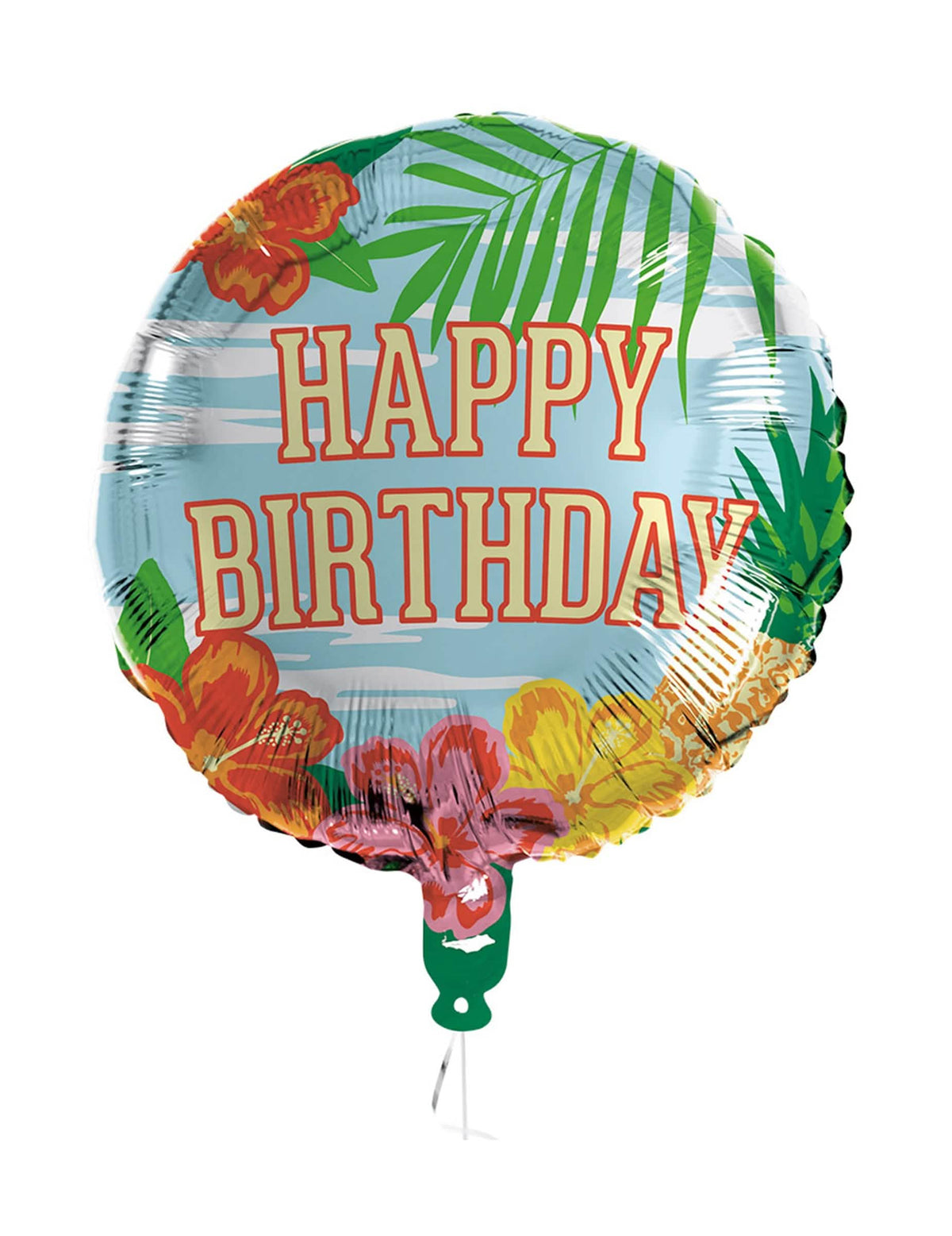 Ballon aluminium Happy Birthday Paradise pour anniversaire bleu avec fleurs d'hibiscus et palmier