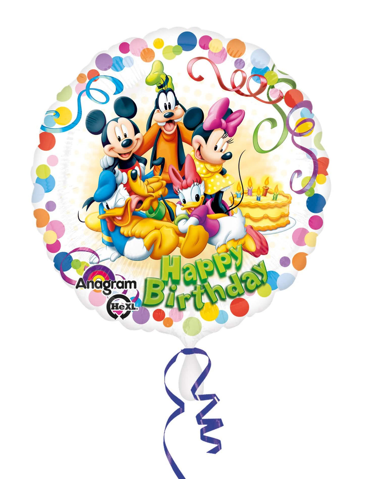 Globo de aluminio Mickey y sus amigos para cumpleaños multicolor con confetis y tarta