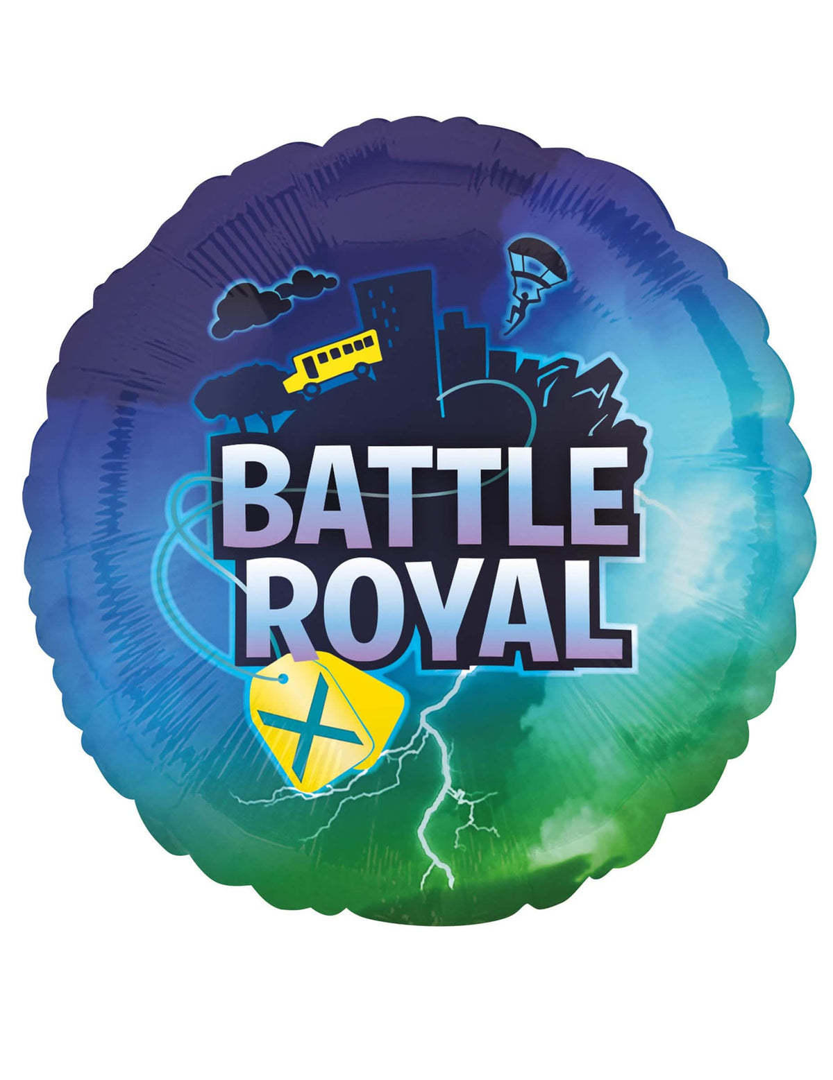 Globo de aluminio redondo Battle Royale para fiesta azul y verde con autobús amarillo y rayo