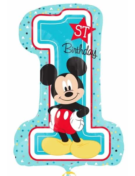 Globo número 1 de aluminio Mickey azul cielo con inscripción 1st Birthday