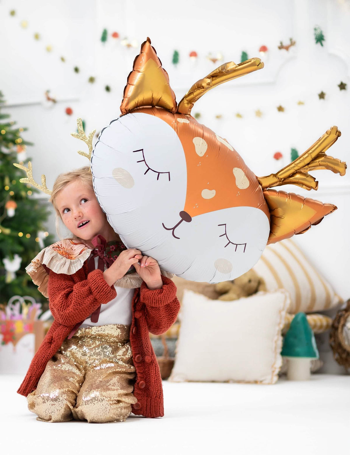 Globo gigante de aluminio con cabeza de ciervo para niño naranja blanco y dorado