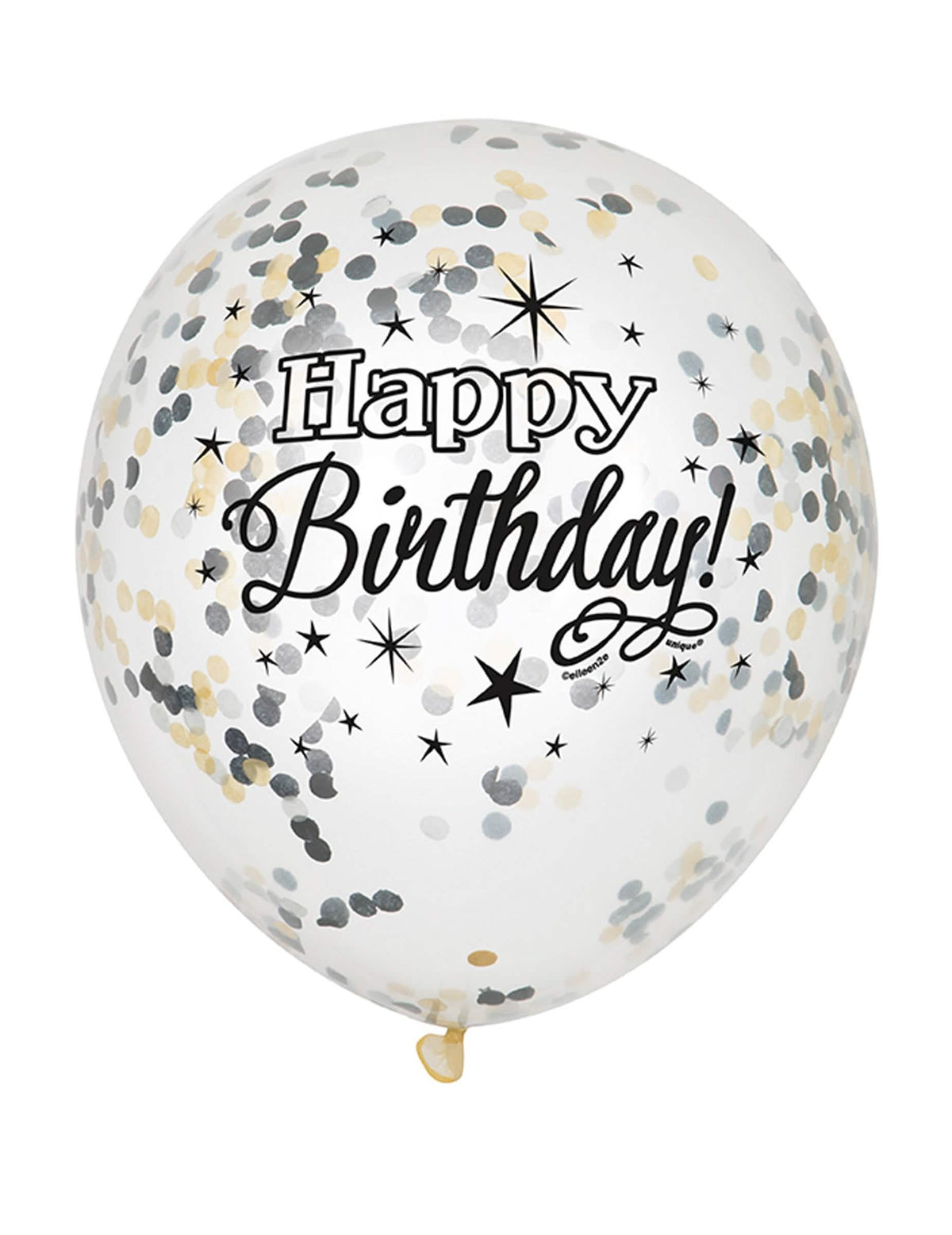 Globo de látex Happy Birthday plateado y dorado con confetis