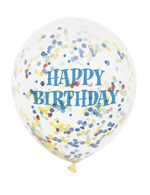 Détail du texte bleu et des confettis du ballons en latex Happy Birthday pour fête
