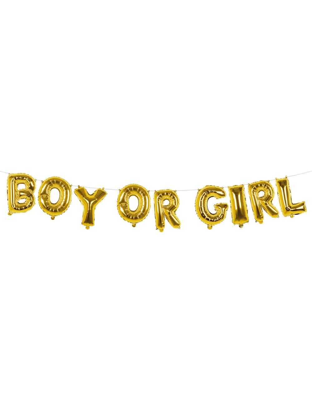 Vista frontal de la guirnalda de globos de aluminio letras boy or girl para baby shower