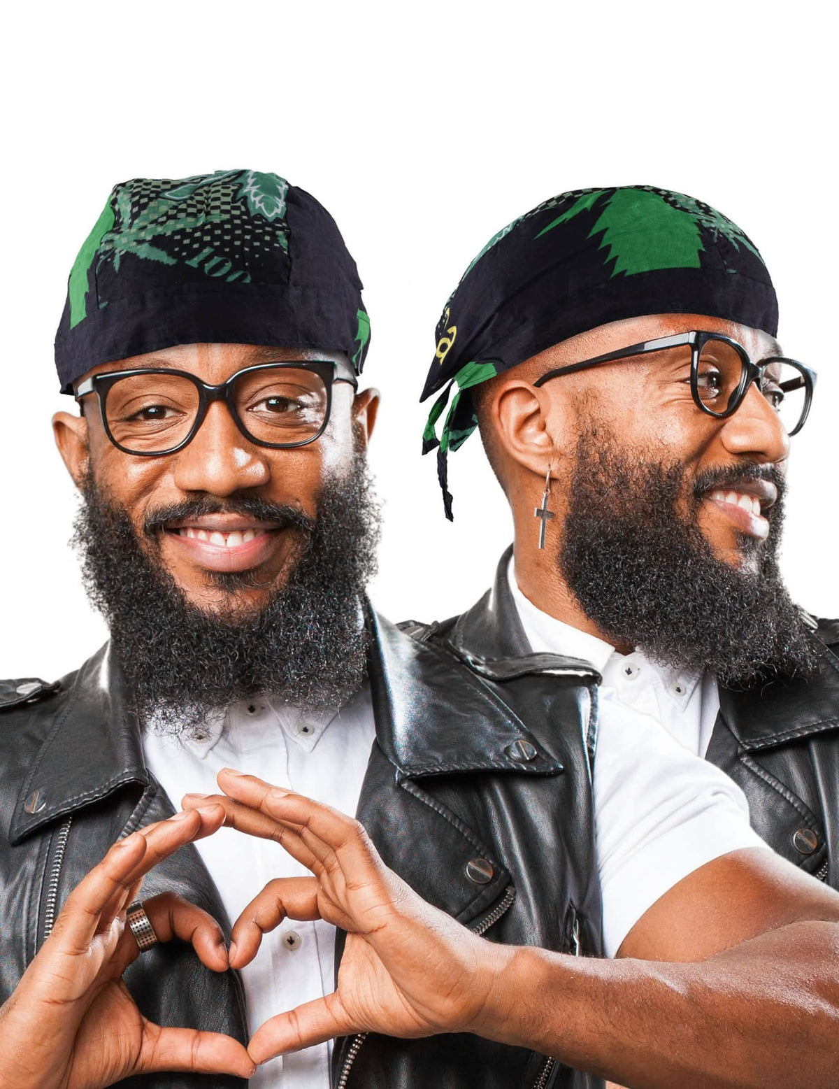 Bandana rasta jamaica para hombre negro con motivos de hojas verdes