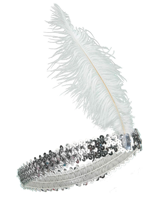 Diadema charlestón lentejuelas y pluma plateadas mujer