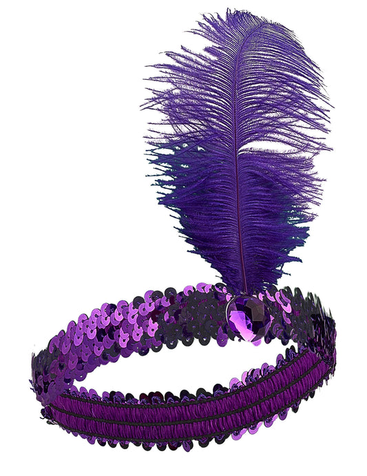 Diadema charlestón lentejuelas y pluma violeta mujer