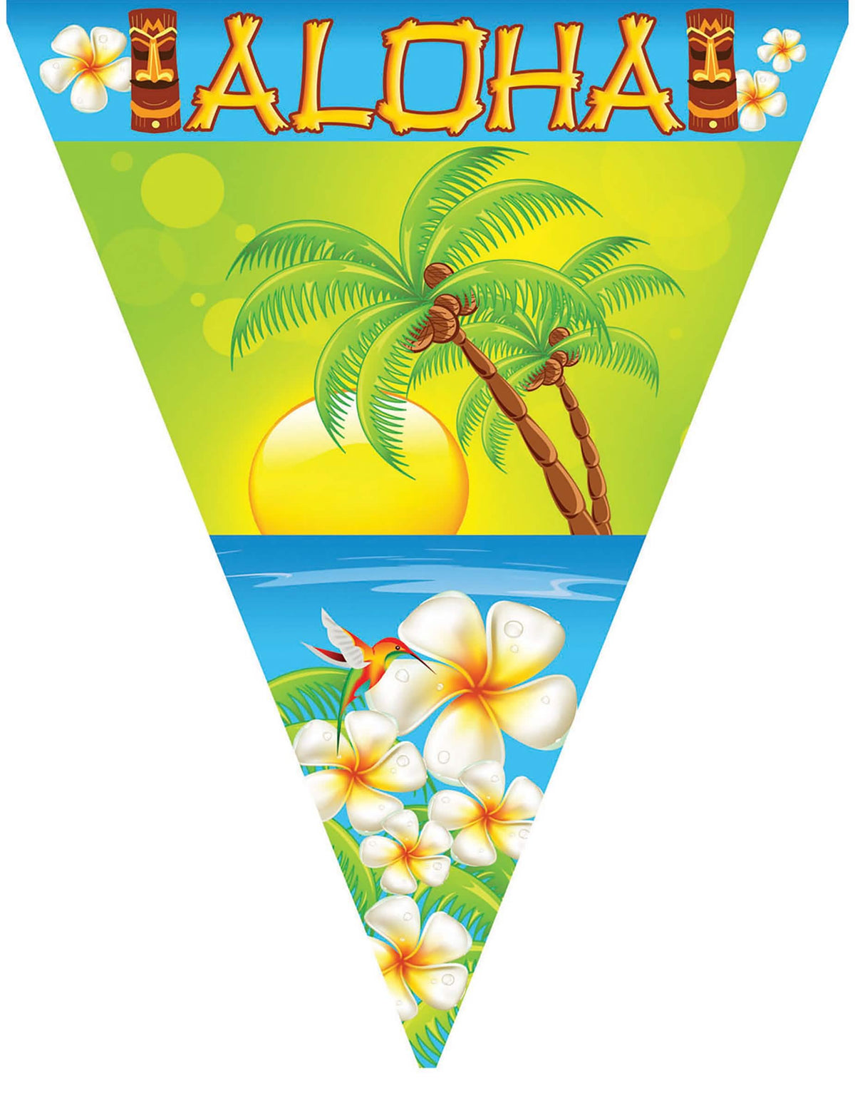 Guirnalda de banderines Aloha para fiesta multicolor con palmera y flores exóticas