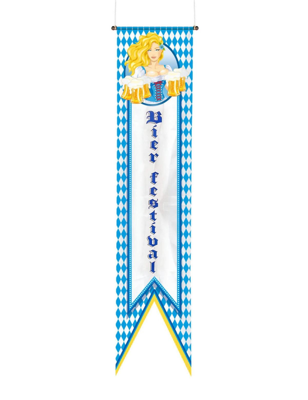 Banner de jarras de cerveza para fiesta azul y blanca con motivos de rombos