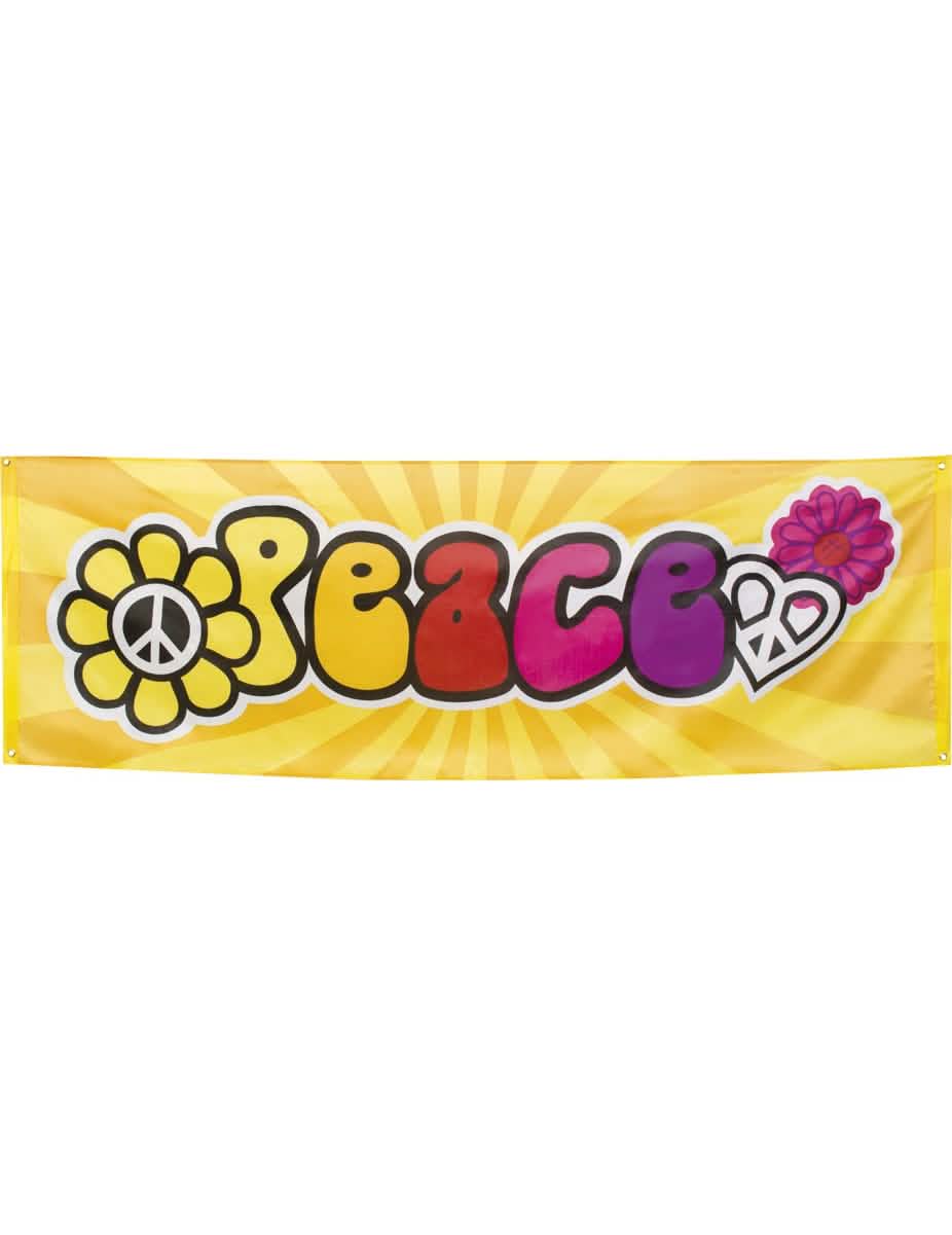 Banner de tela Hippie Flower Power para fiesta amarillo con inscripción Peace multicolor