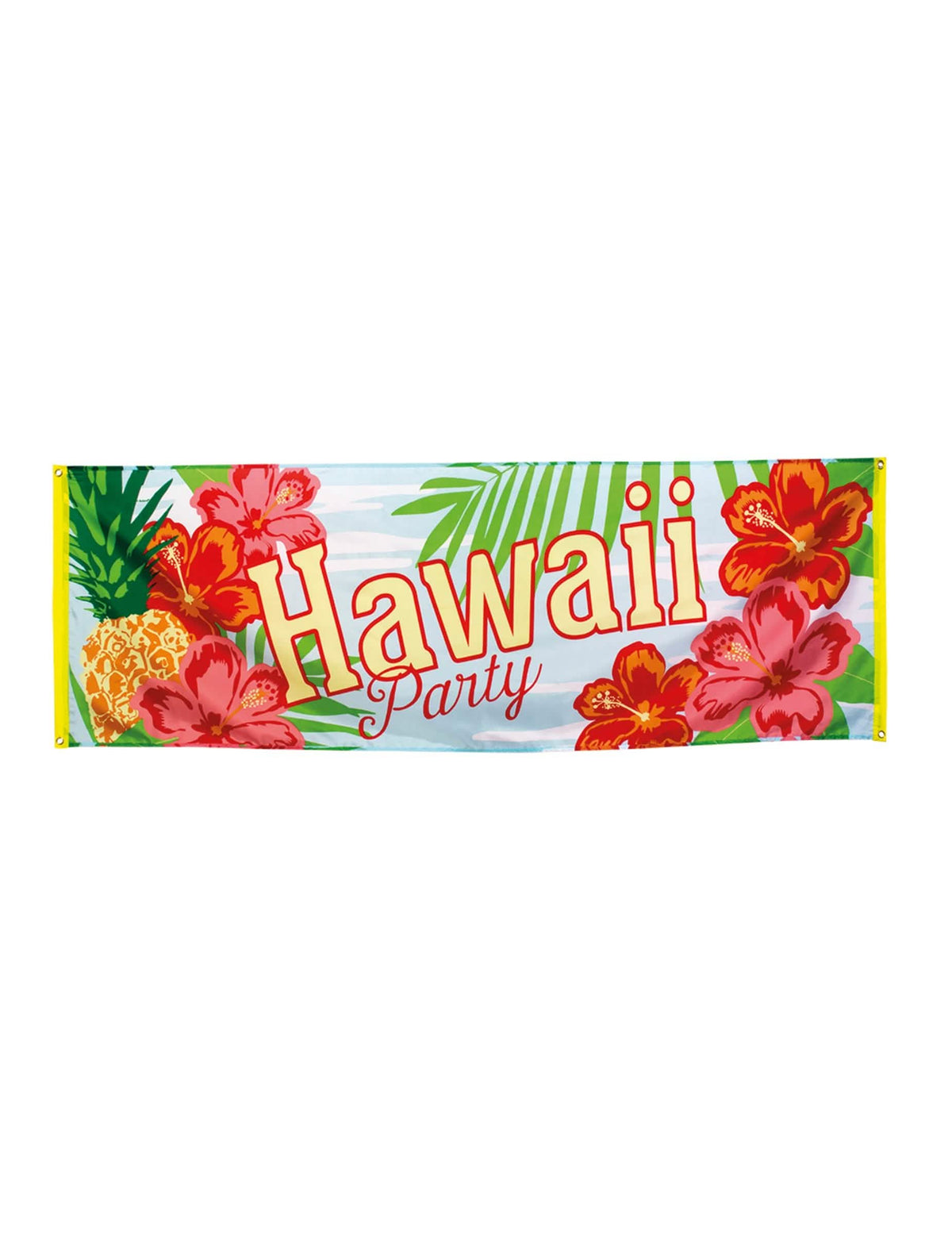 Banner hawái party para fiesta con flores de hibisco y piña