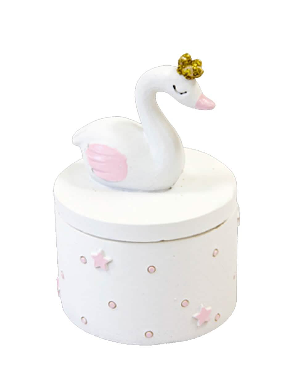 Boîte en résine cygne blanc rose et doré avec couronne pailletée