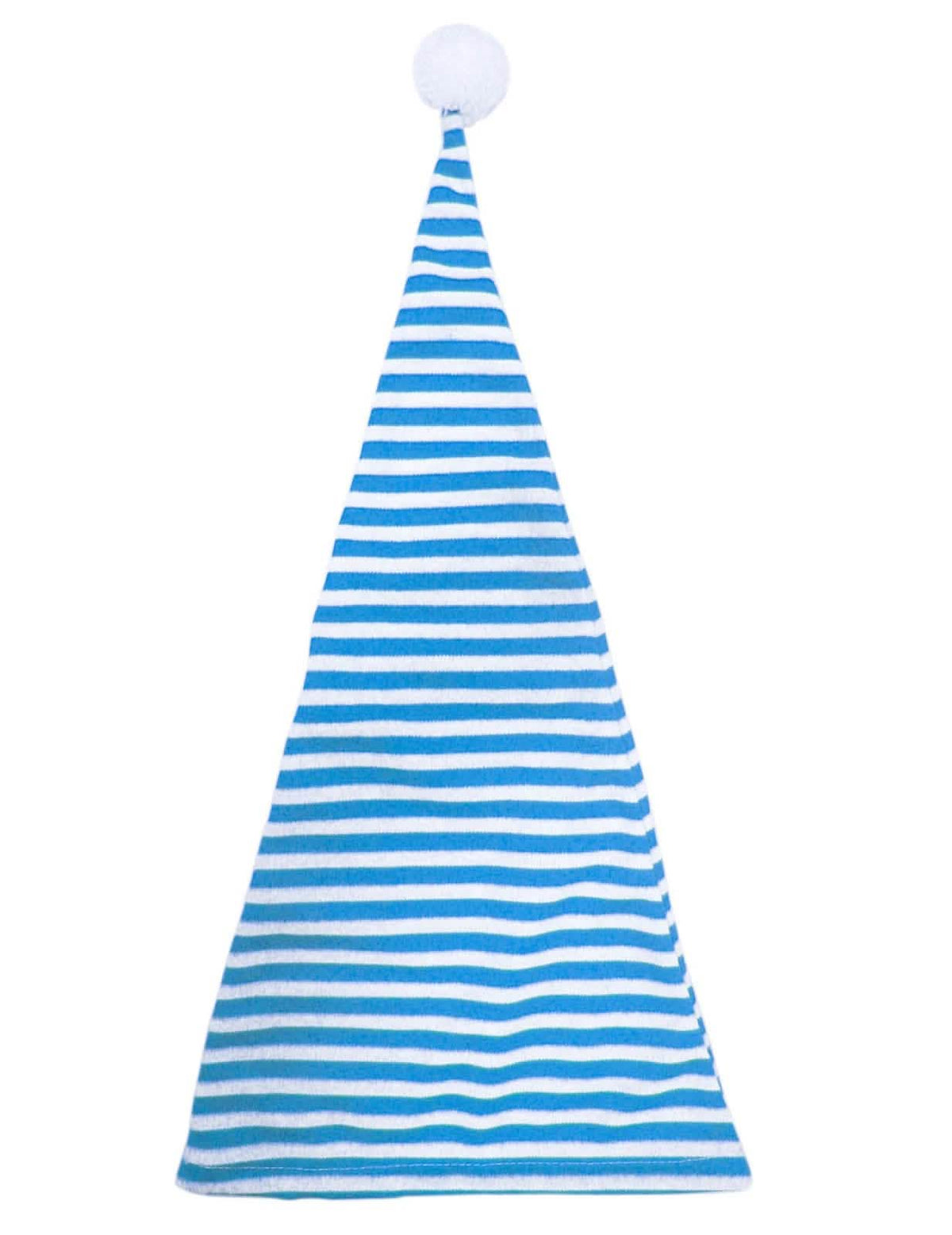 Vista plana del gorro azul y blanco con pompon para adulto