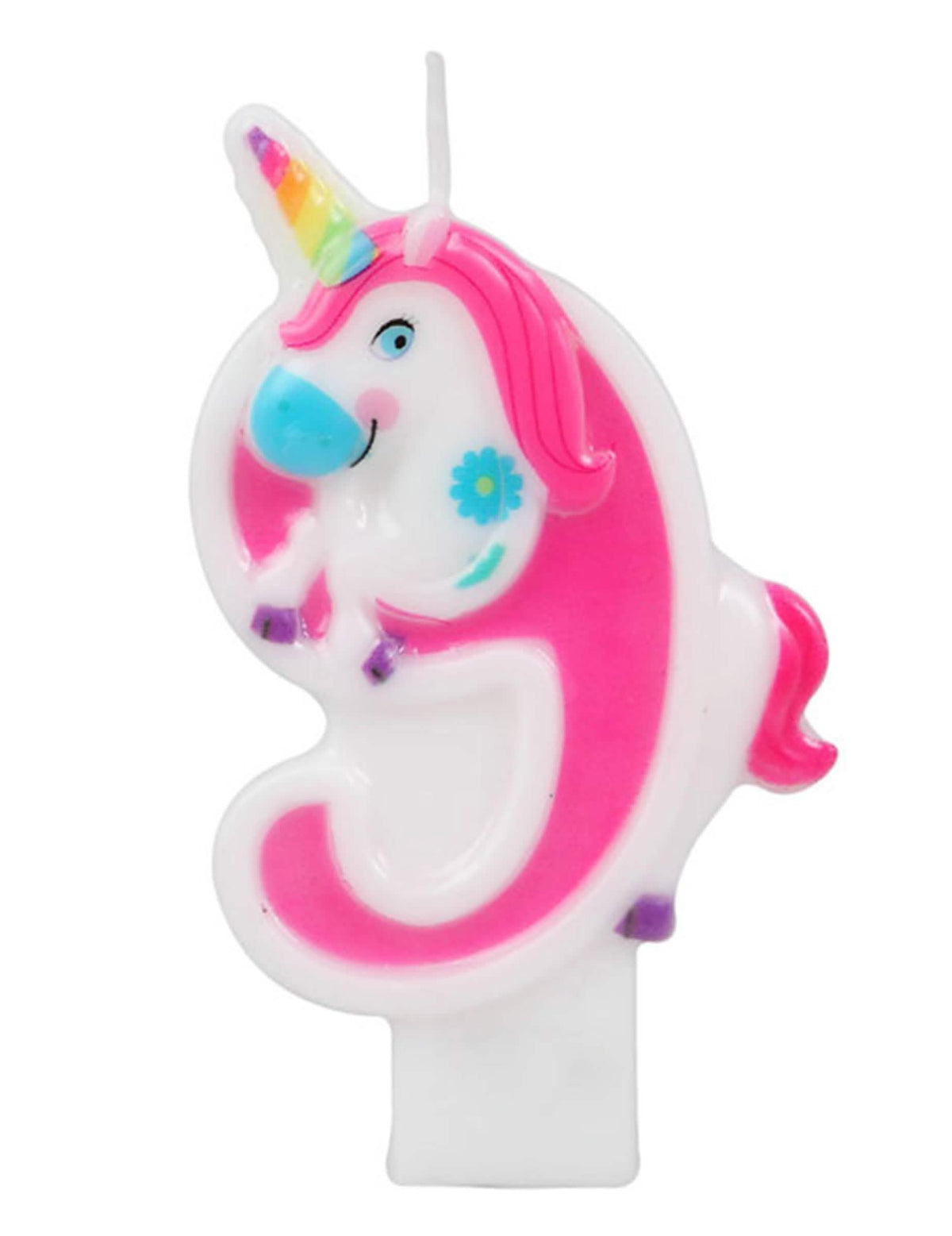 Número 9 de la vela número unicornio rosa