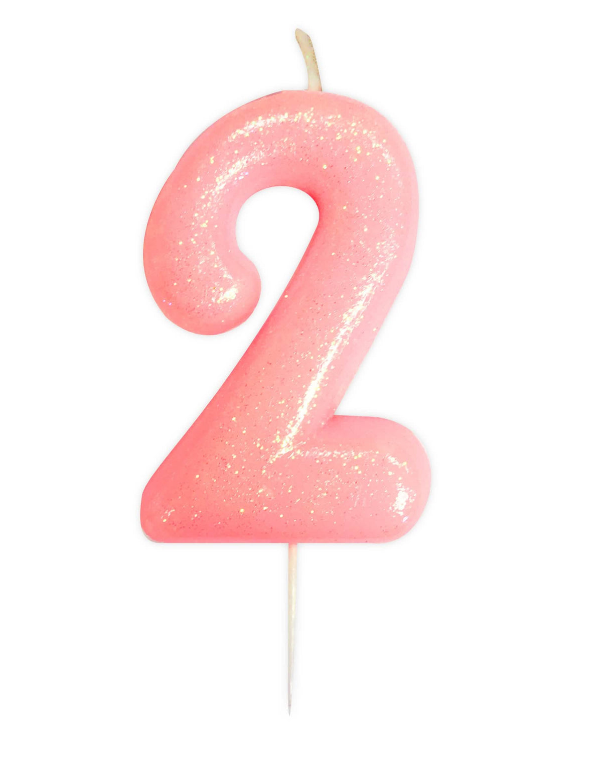 Vela con número 2 para cumpleaños rosa iridiscente con purpurina