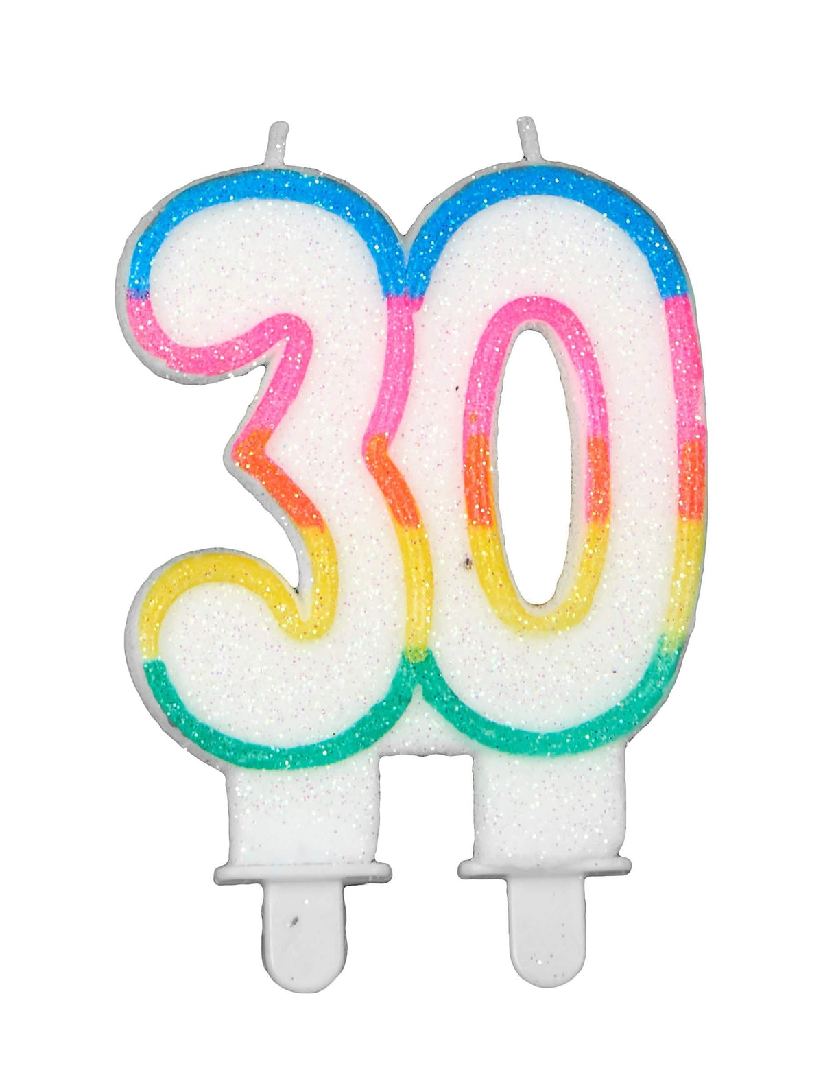 Vela de cumpleaños número 30 para adulto blanca con purpurina y borde arcoíris