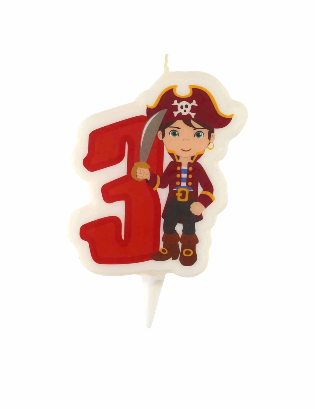 Vela de cumpleaños pirata número 3 para niño rojo con bobèche