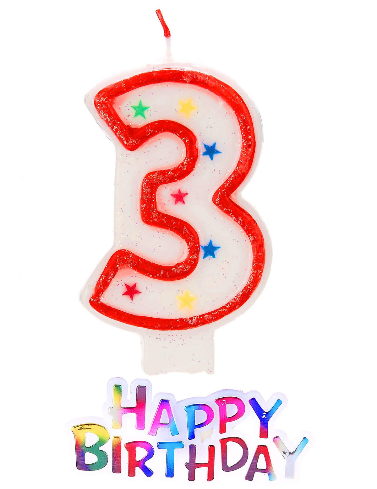 Bougie chiffre 3 étoilée pour anniversaire blanche avec bordure rouge pailletée