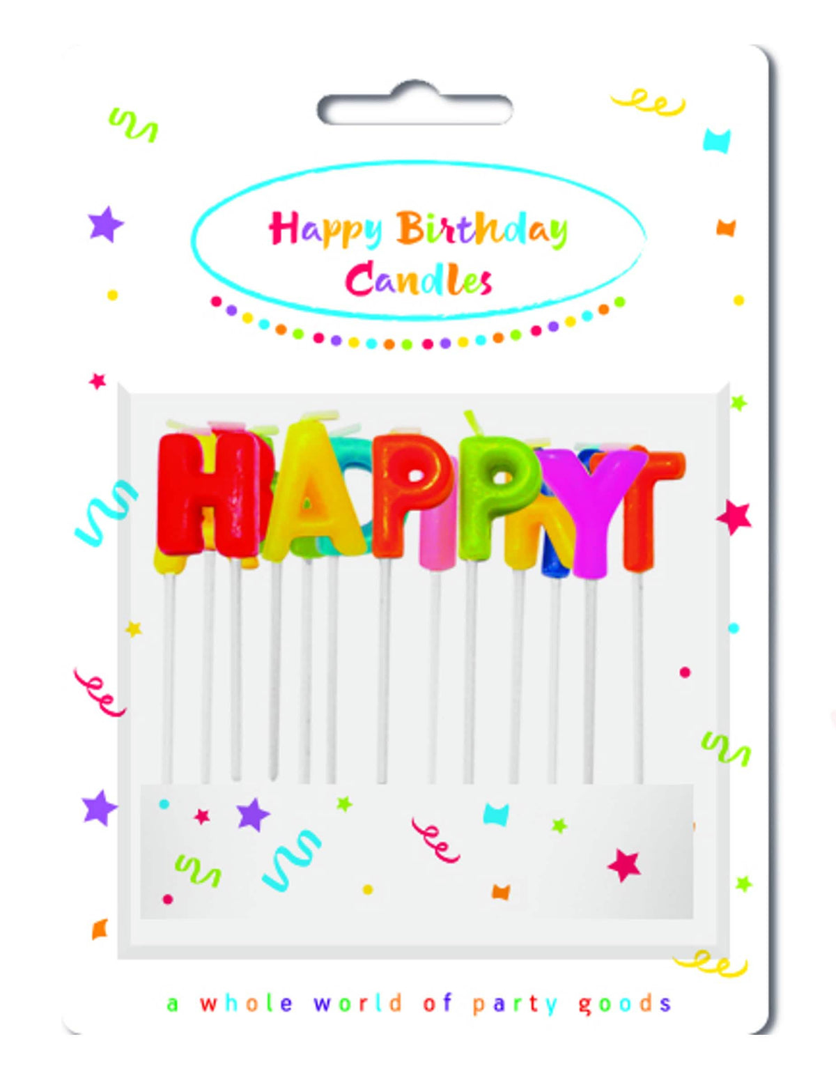 Vista del embalaje de las velas Happy Birthday en pico multicolor