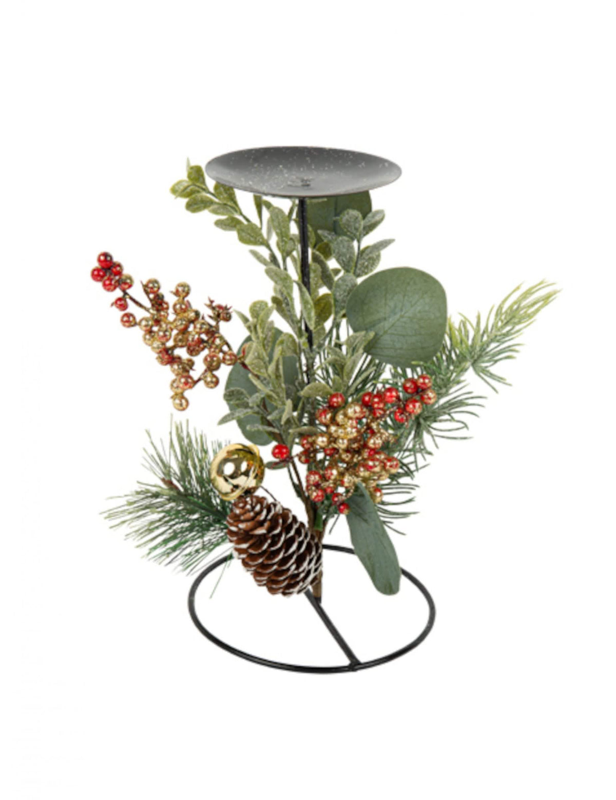 Candelero tradicional y vegetal decoración de navidad negro con piña y bayas rojas y doradas