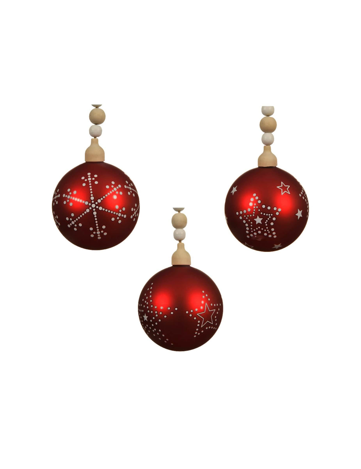 Bola de navidad de vidrio rojo con motivos blancos y perlas