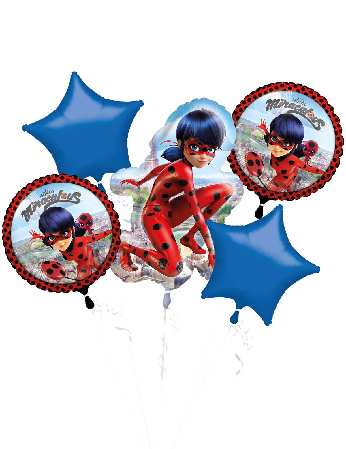 Ramo de 5 globos de aluminio Ladybug rojo y azul