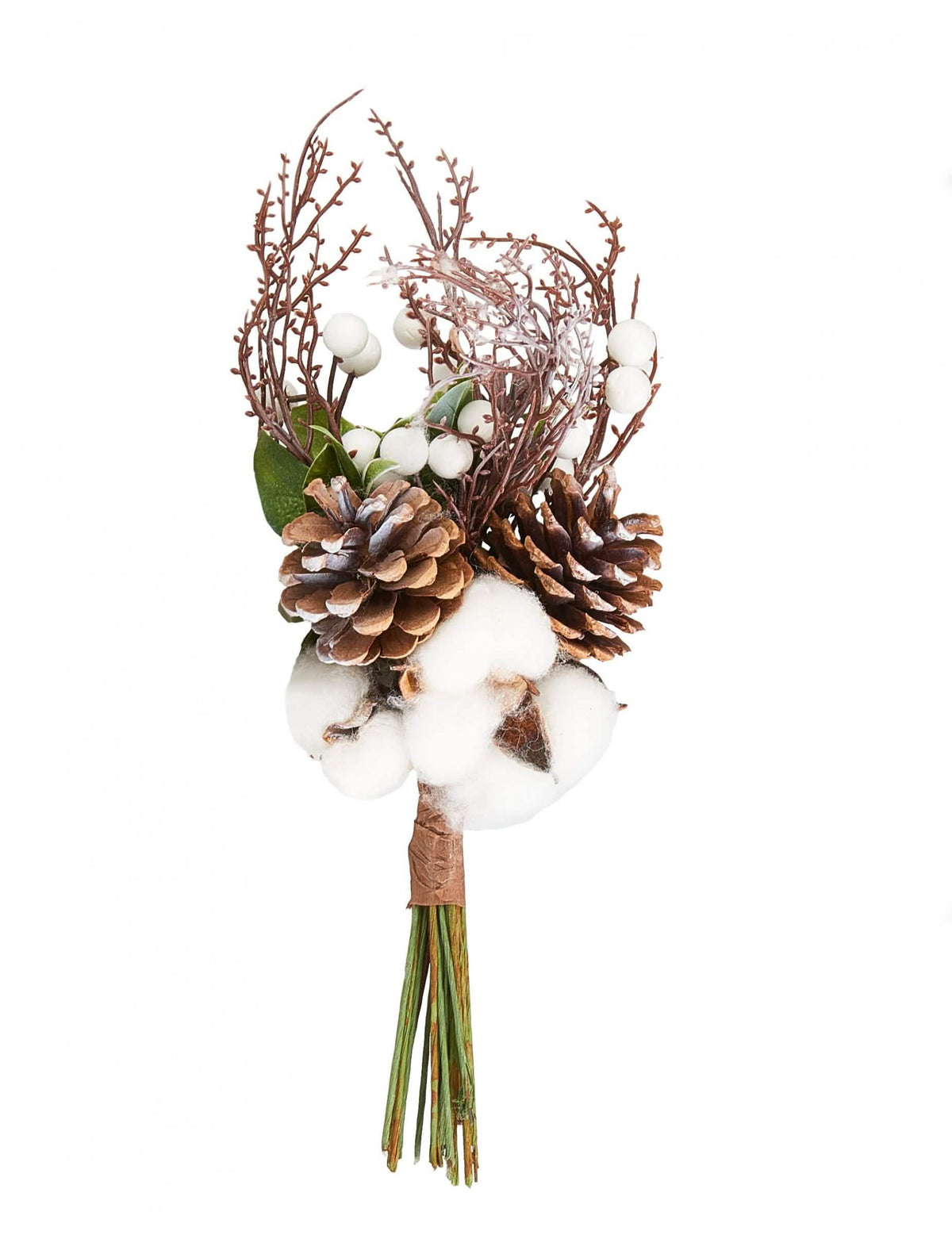 Bouquet fleurs de coton et pommes de pin pour décoration nature marron et blanc