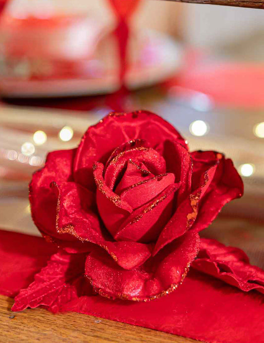 Rama de rosa de terciopelo con purpurina roja 21 cm