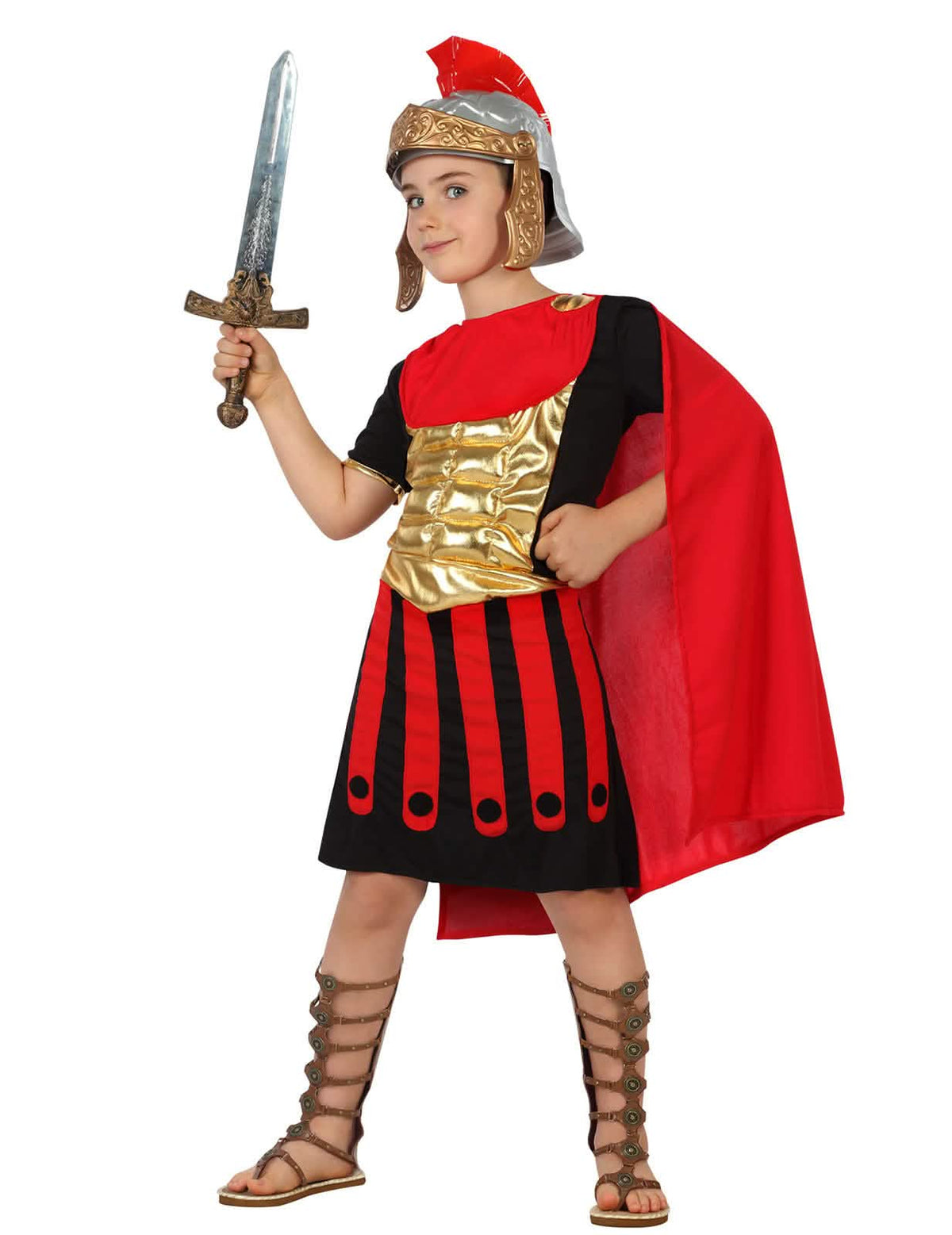 Disfraz de centurión romano para niño rojo, negro y dorado con capa y casco