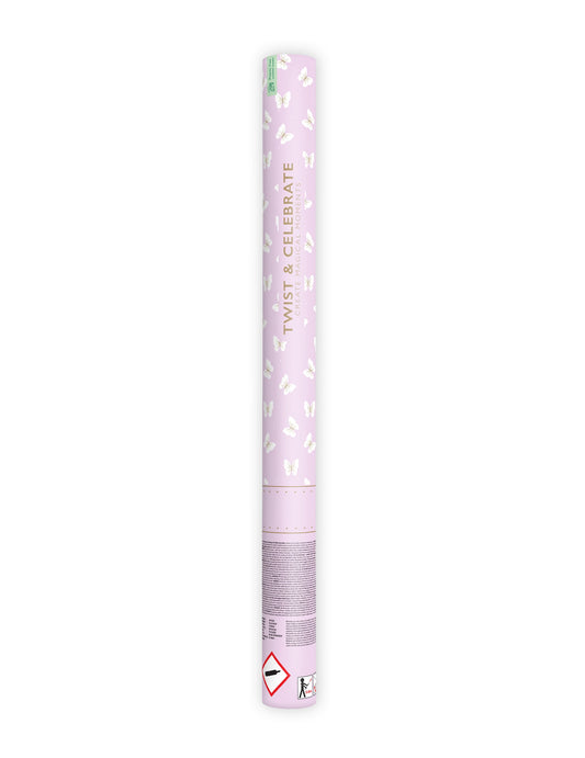 Vue complète du tube du canon à confettis papillons blancs