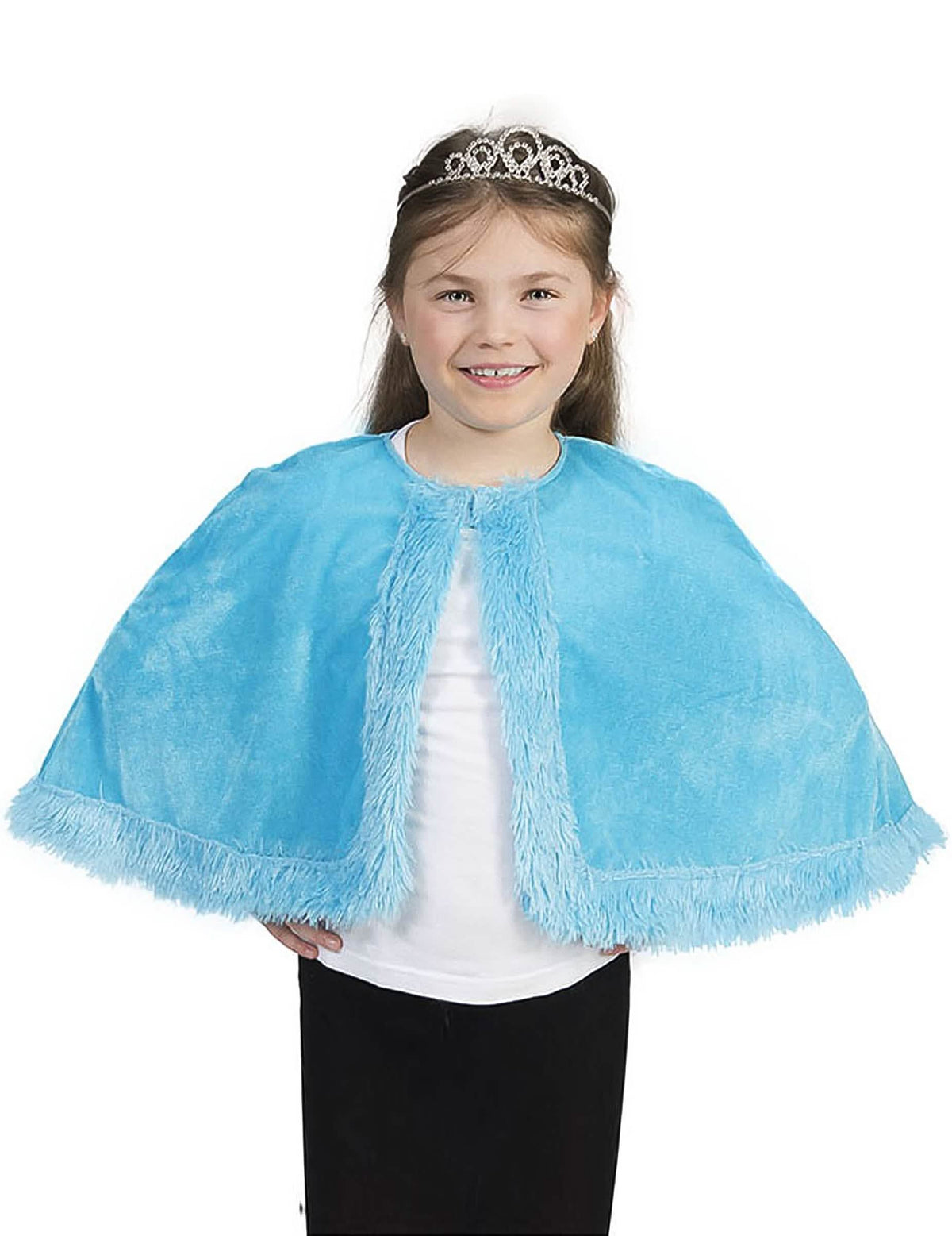 Capa de peluche para niña azul con ribete de piel sintética