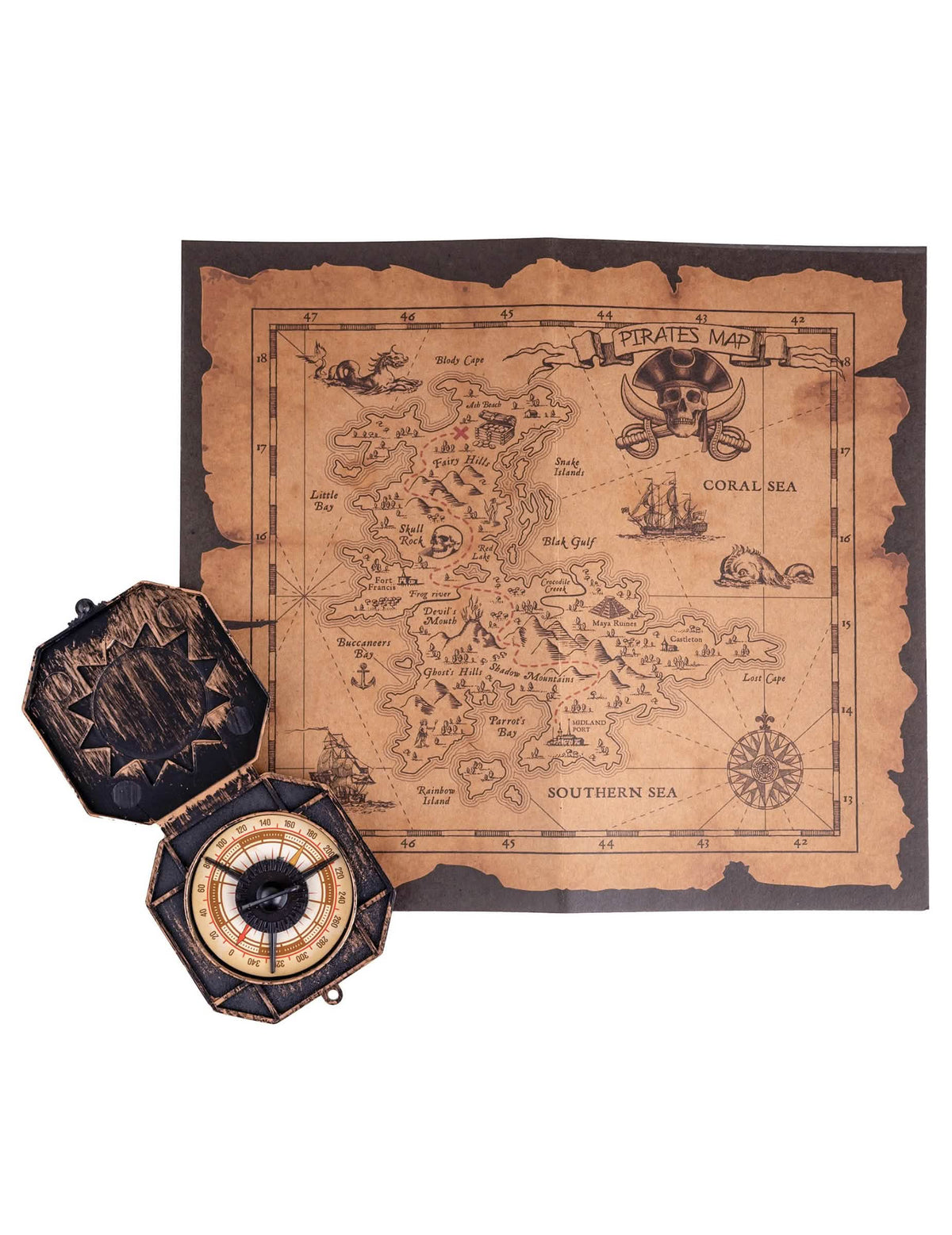 Mapa del tesoro pirata para niño y adulto marrón con brújula
