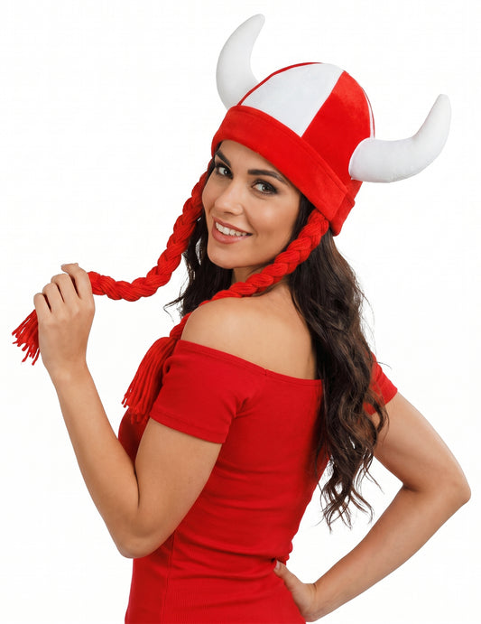 Casco de tela con cuernos y trenzas para aficionado blanco y rojo